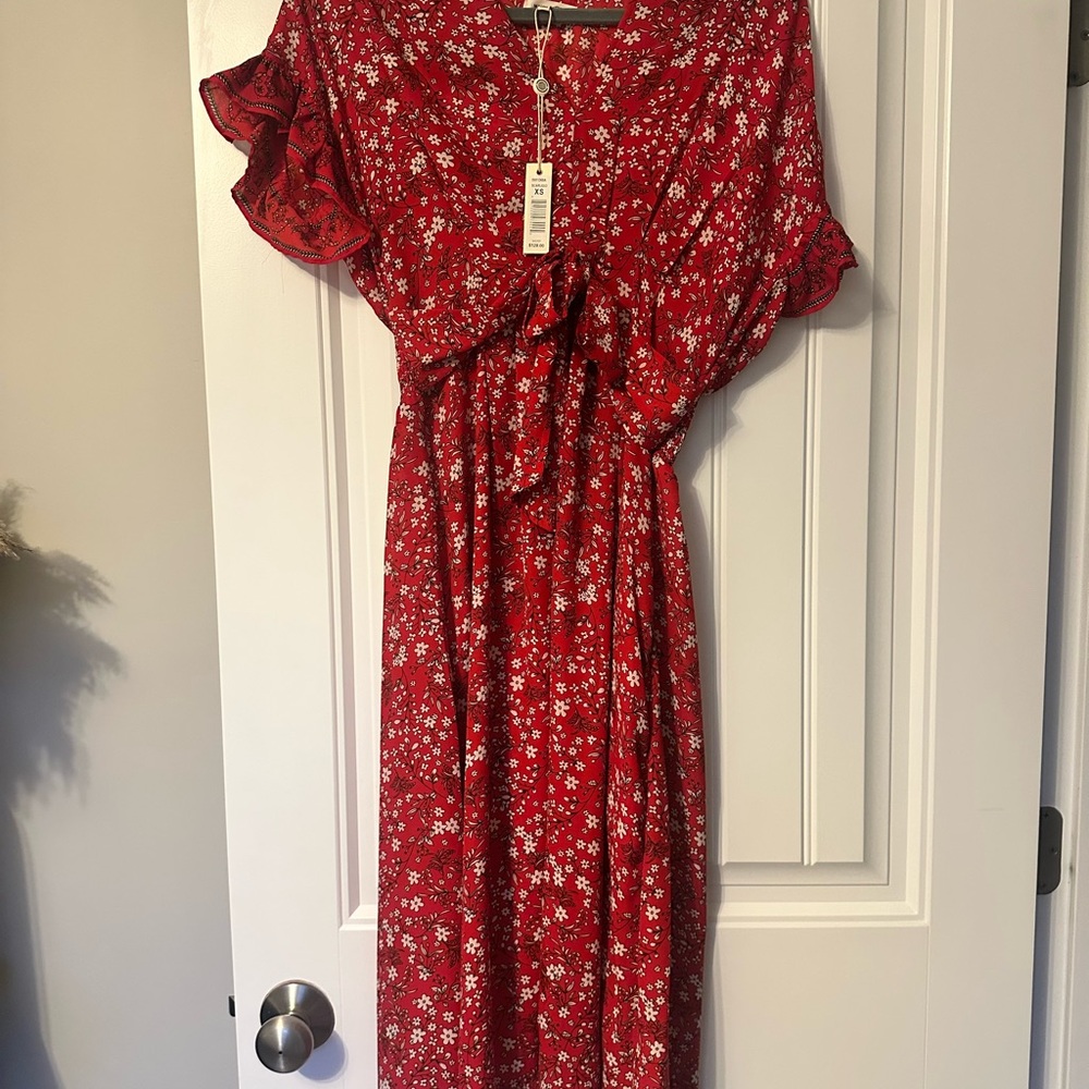 Max Studio Red and White Ruffled Wrap Sundress